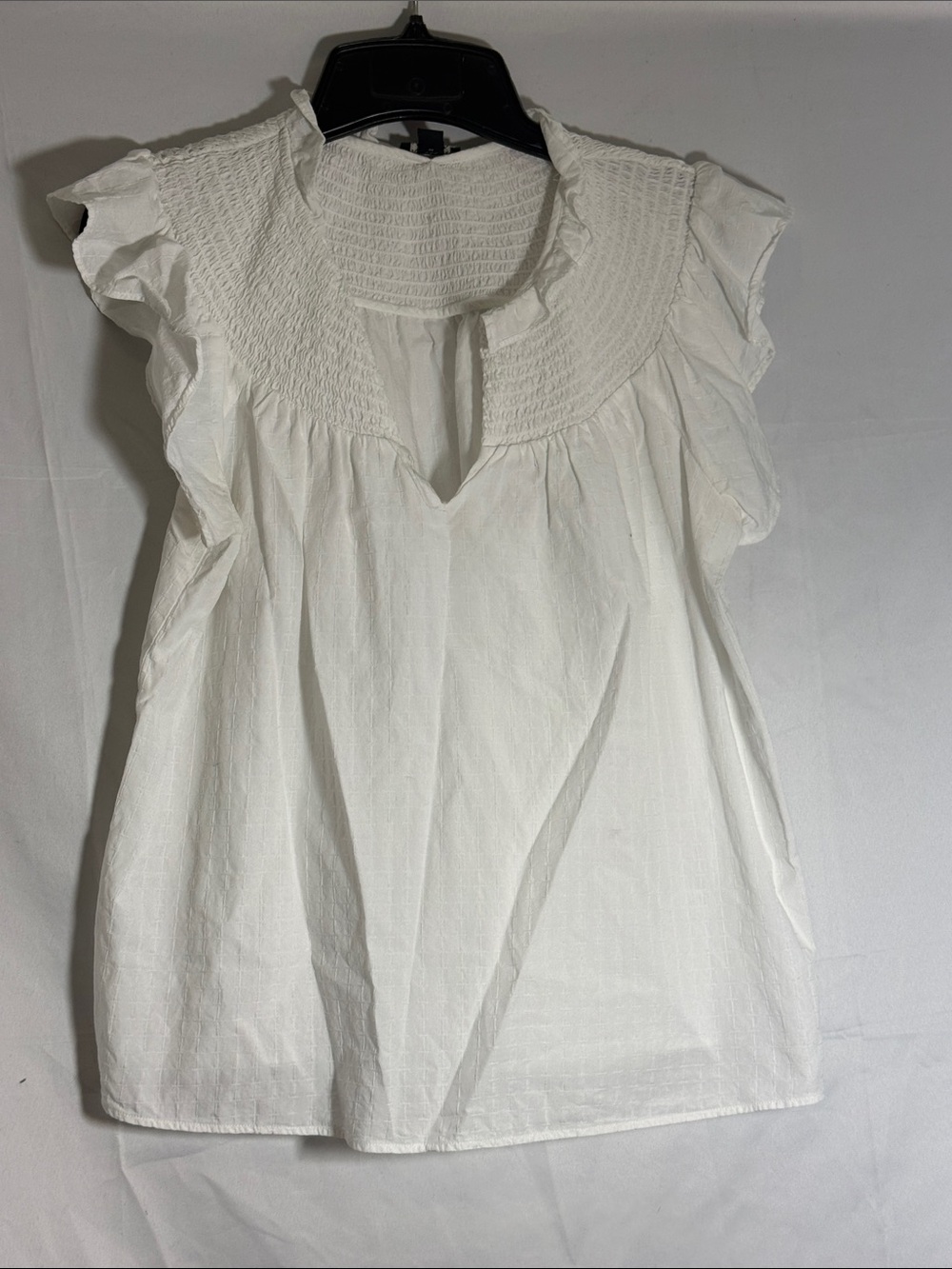Ann Taylor White Smocked Yoke Ruffle Sleeve Blouse